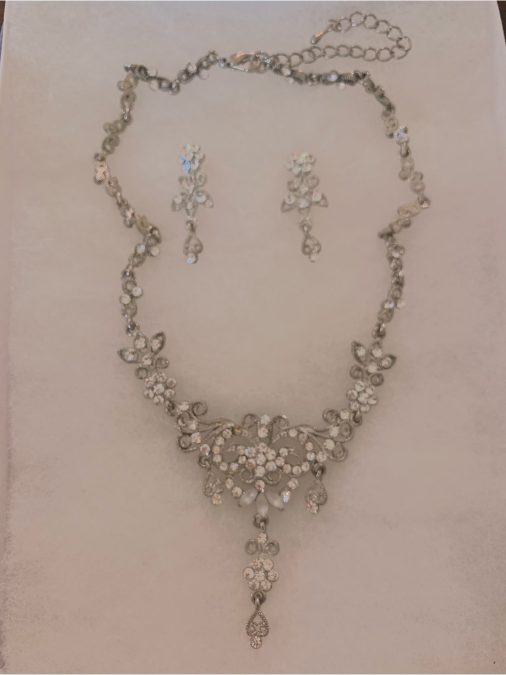 Silver Floral Crystal Pendant Necklace with Matching Earrings